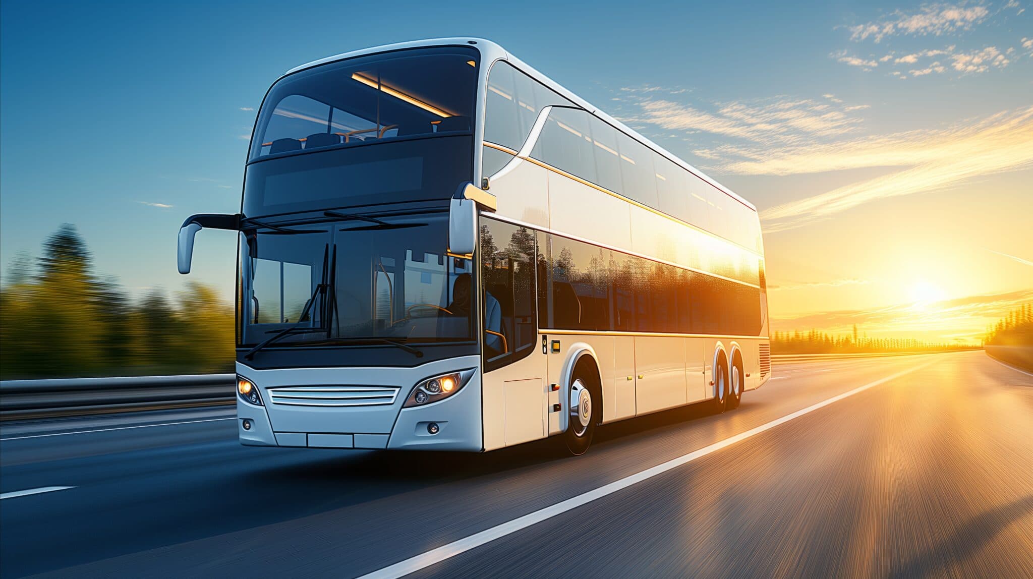 Moderner Reisebus von Prima Klima Reisen auf der Straße