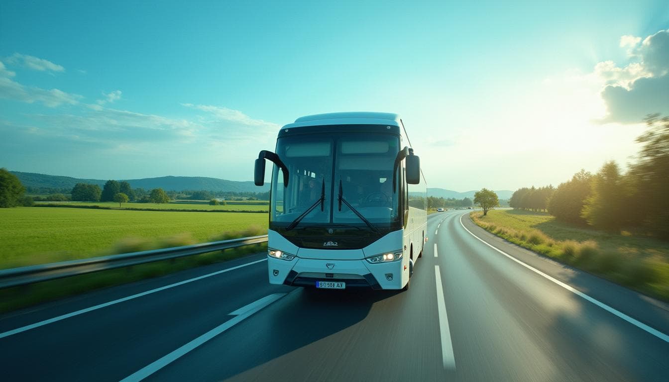 Moderner Reisebus von Prima Klima Reisen unterwegs auf der Autobahn